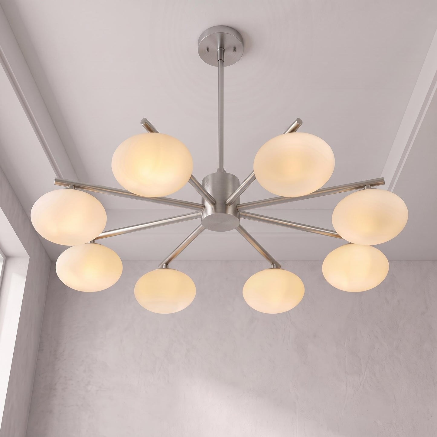 Brass Globe Chandelier, 8 Light Opal Glass Chandelier, Mid Century Ceiling Light, Dining Room Kitchen Island Fixture