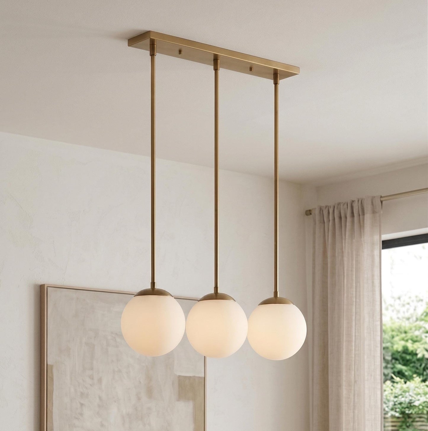3 Globe Brass Pendant Light | Linear Chandelier, Frosted Glass, Mid Century Ceiling Fixture