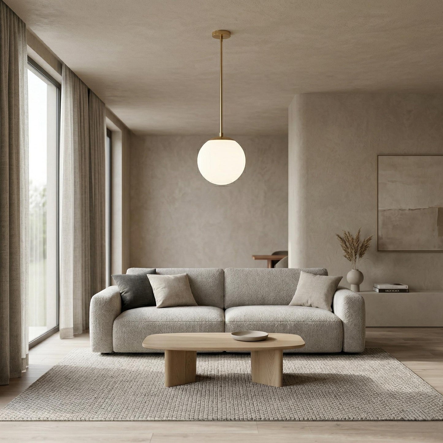 Brass Globe Pendant Light, 6 Inch Opal Glass, Minimal Hanging Lamp, Custom Length