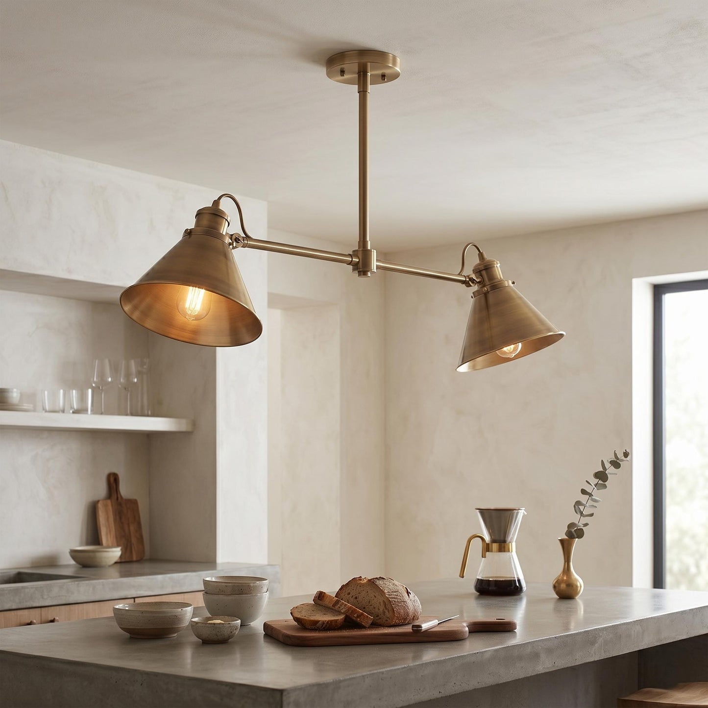 Brass Linear Chandelier – 35" Industrial Style Pendant Light – Modern Farmhouse Kitchen Island Fixture