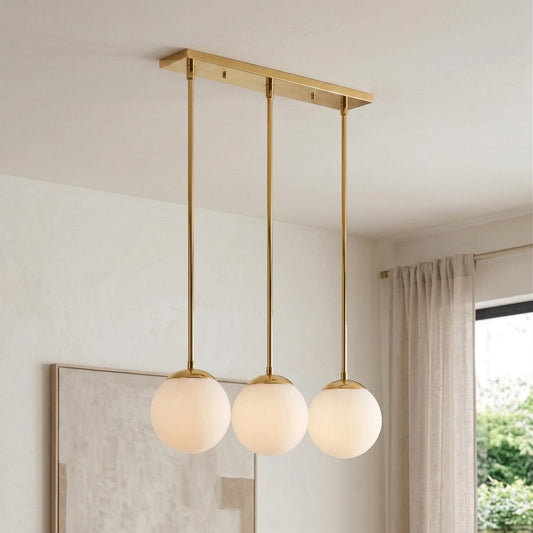 3 Globe Brass Pendant Light | Linear Chandelier, Frosted Glass, Mid Century Ceiling Fixture