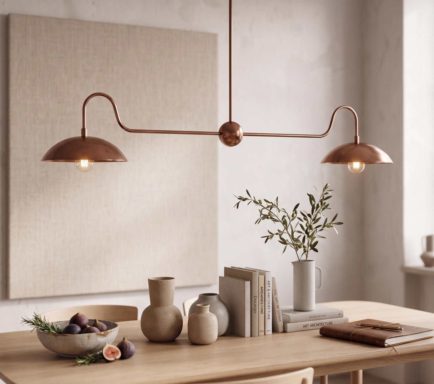 Solid Brass Linear Chandelier – Double Dome Pendant Light, Mid-Century Kitchen Island Fixture