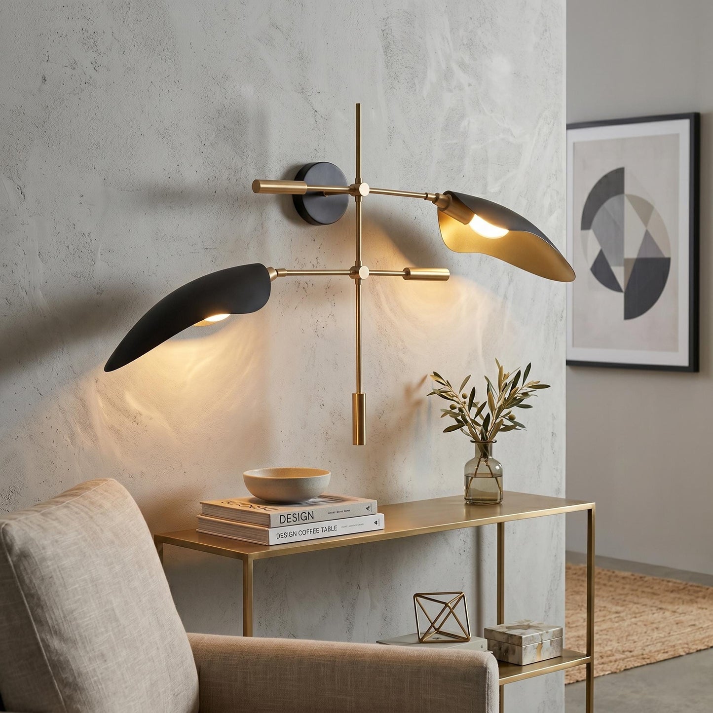Luxury Brass Wall Sconce – 38 inches Sculptural Light, Black Metal Shades, Mid Century Fixture