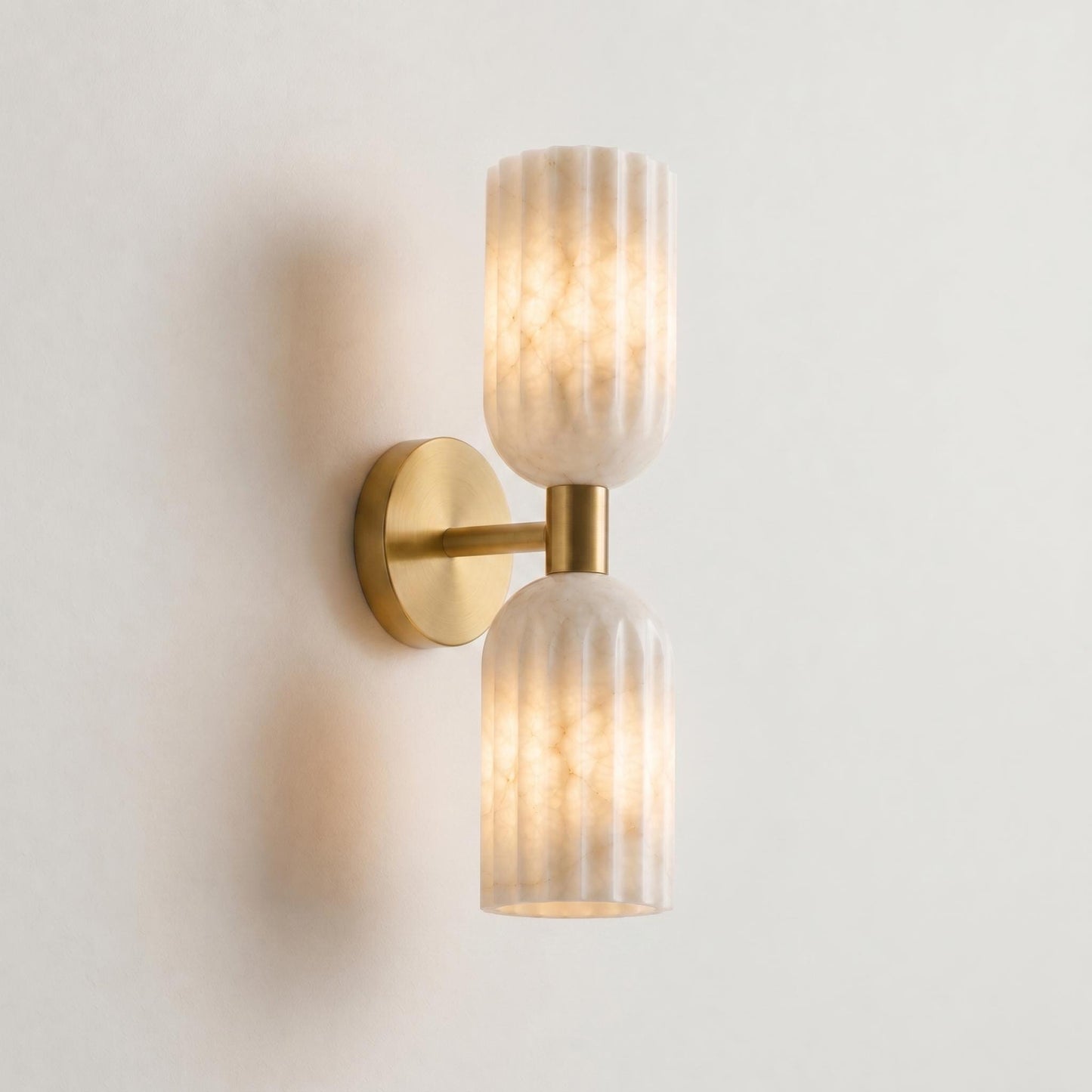 Fluted Alabaster Wall Sconce, Brass Double Light Wall Lamp, Modern Bathroom Vanity Light, Luxury Natural Stone Lighting Fixture