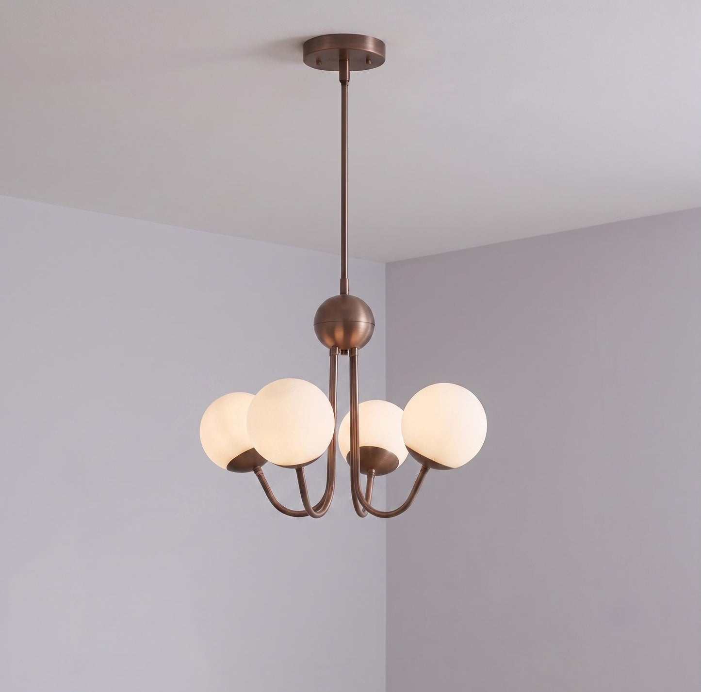 Modern Brass 4 Light Opal Glass Pendant, Mid Century Brass Chandelier, Contemporary Ceiling Light, Dining Room Fixture