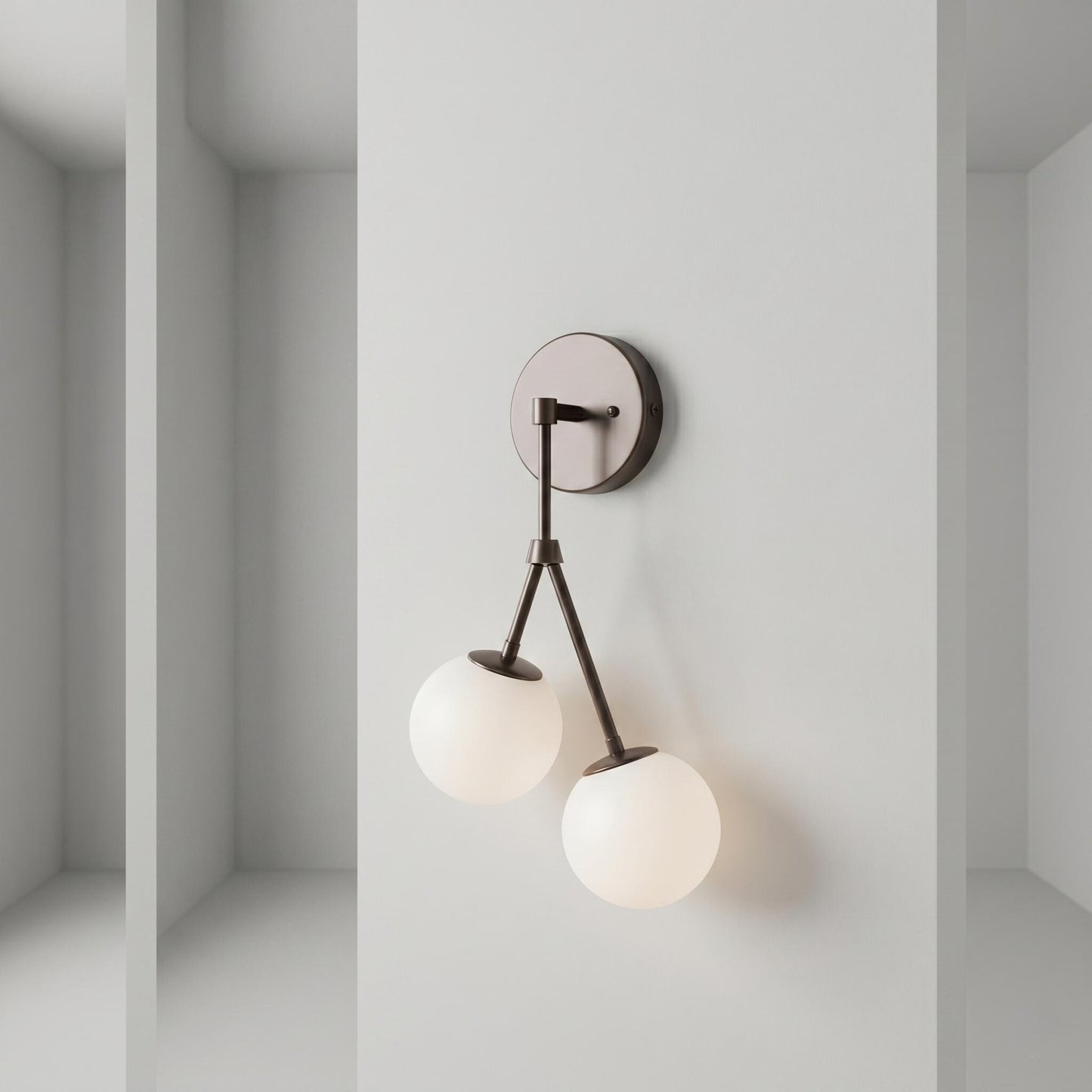 Brass Double Globe Sconce, Mid Century Frosted Glass Wall Light, 5 Inch Globe Fixture