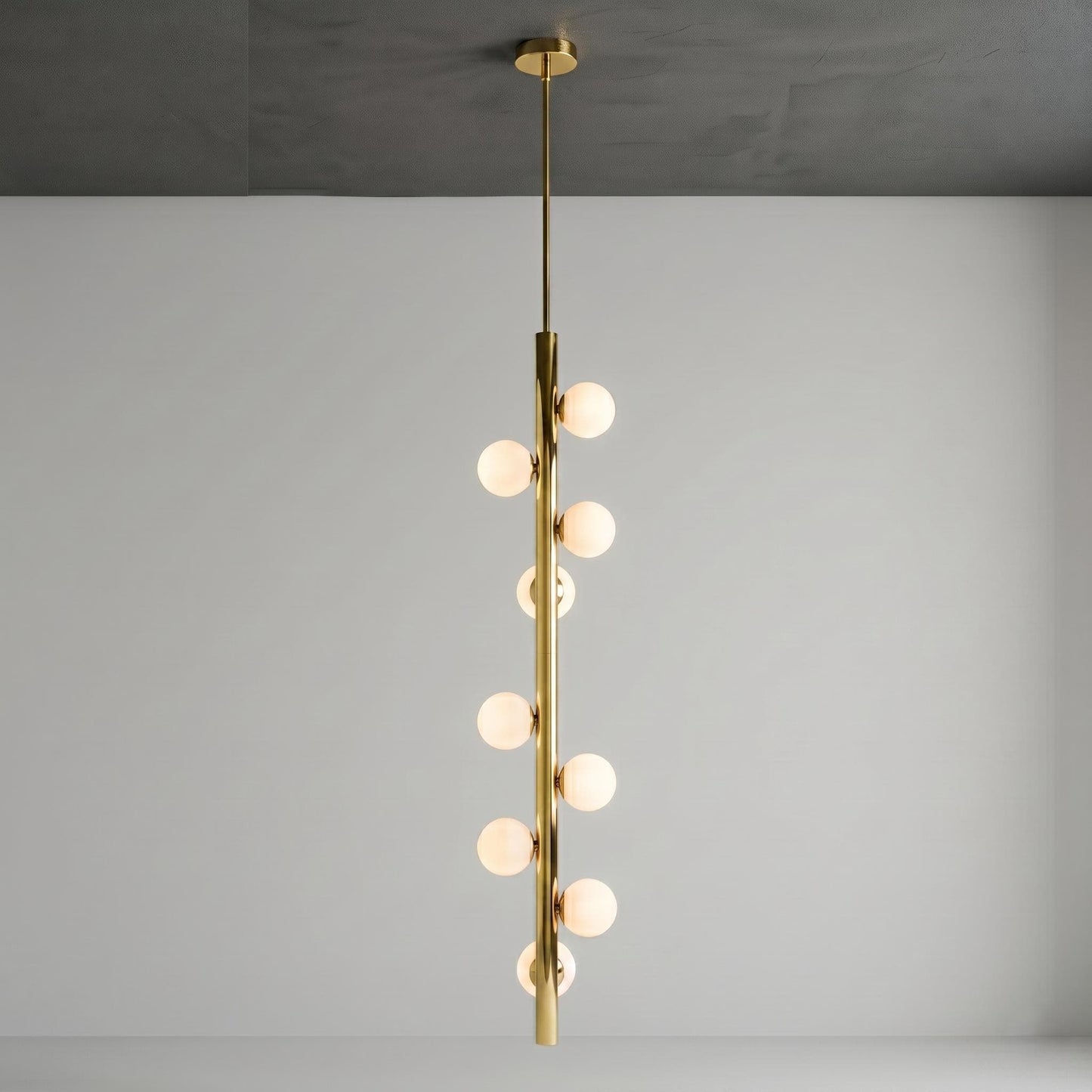 Luxury Brass Globe Chandelier | 76" Vertical Pendant Light, Opal Glass Globes