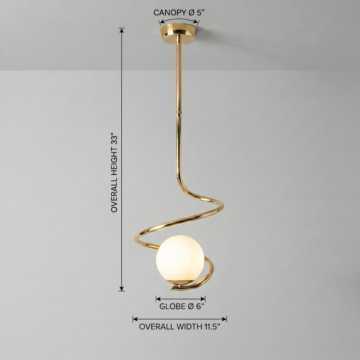 Sculptural Spiral Brass Pendant Light – 6” Opal Globe Chandelier, Minimalist Ceiling Lamp