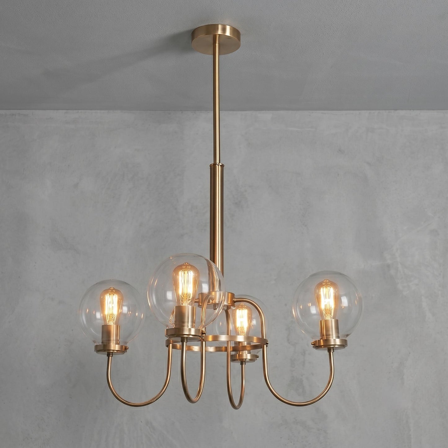 4 Light Globe Chandelier, Brass Ceiling Light, Modern Glass Globe Pendant, Vintage Chandelier, Dining Room Lighting, Mid Century Fixture