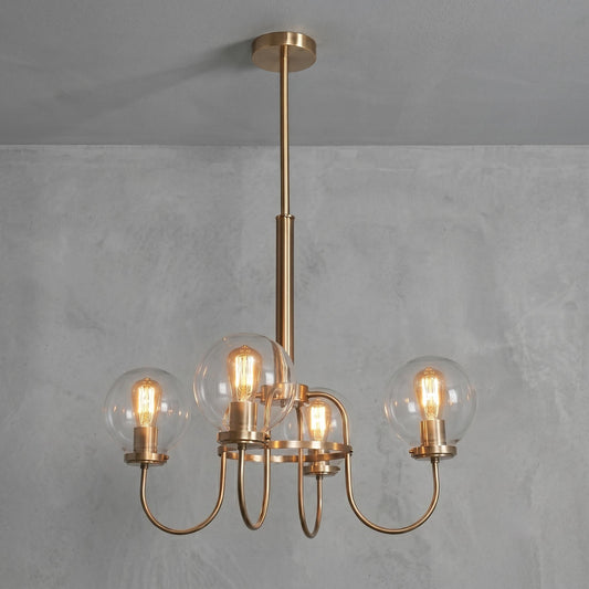 4 Light Globe Chandelier, Brass Ceiling Light, Modern Glass Globe Pendant, Vintage Chandelier, Dining Room Lighting, Mid Century Fixture