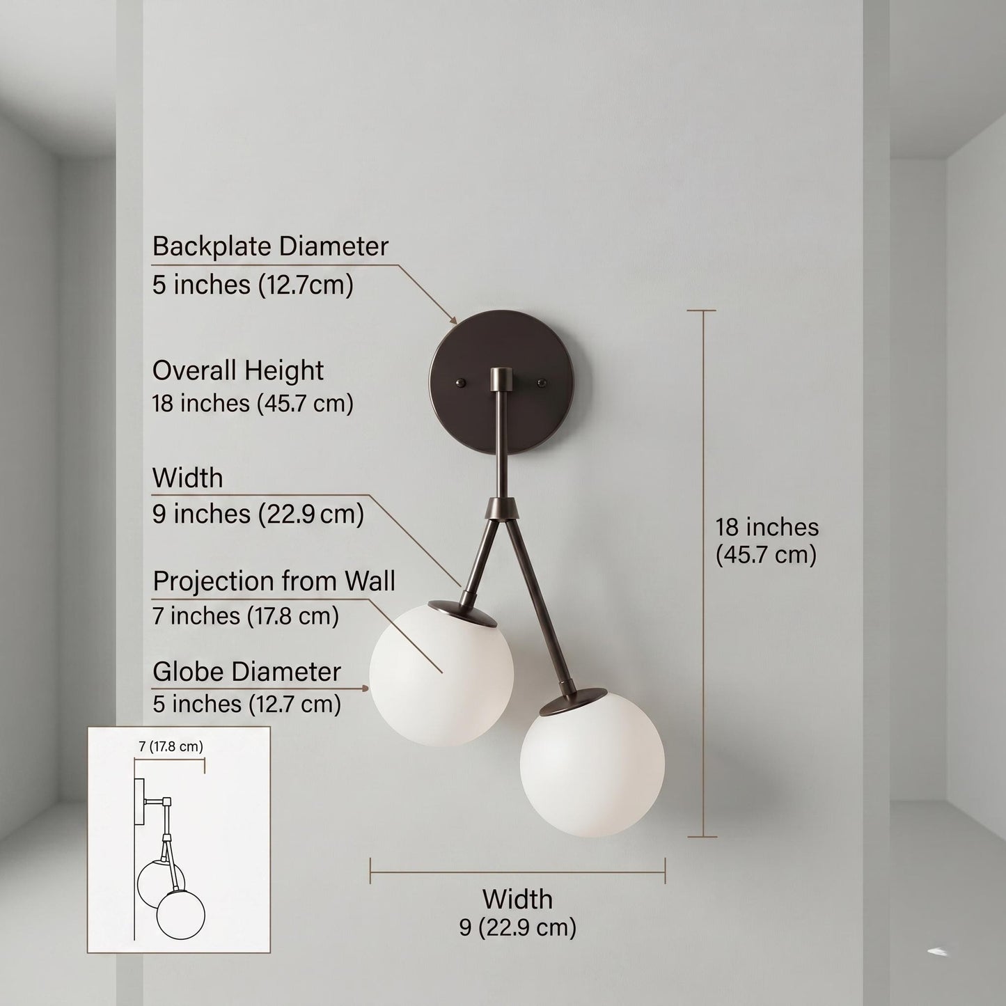 Brass Double Globe Sconce, Mid Century Frosted Glass Wall Light, 5 Inch Globe Fixture