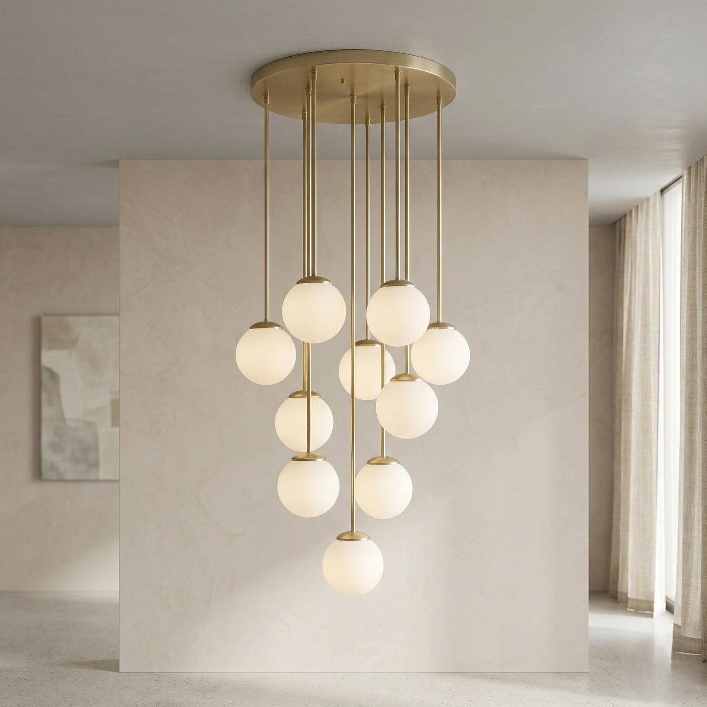 Large Brass Cluster Chandelier | Multi Globe Pendant Light, Staircase Lighting Fixture
