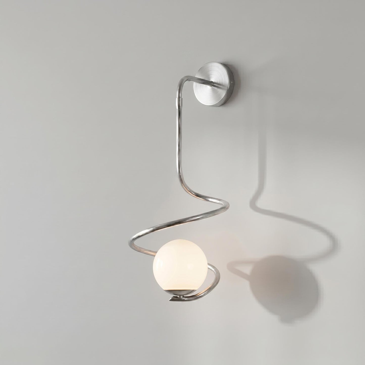Sculptural Brass Spiral Sconce – Large Modern Opal Glass Globe Lighting Fixture