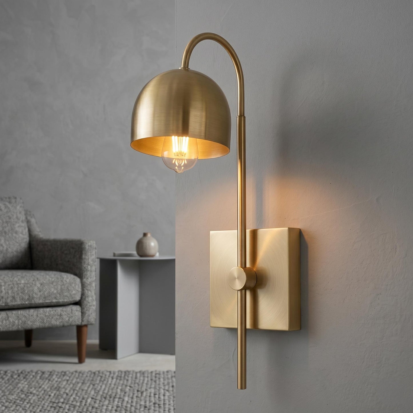 Modern Brass Wall Sconce, Minimal Dome Shade Wall Lamp, Brushed Brass Bedside Light, Mid Century Wall Light, Plug In / Hardwired Sconce
