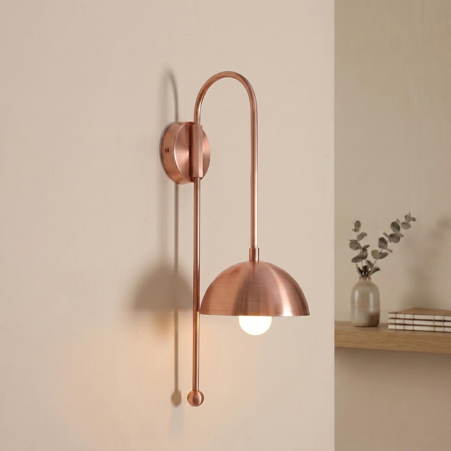 Modern Brass Wall Sconce, Tall Dome Shade Wall Lamp, Minimal Bedside Wall Light, Mid Century Brass Lighting Fixture, Plug In / Hardwired