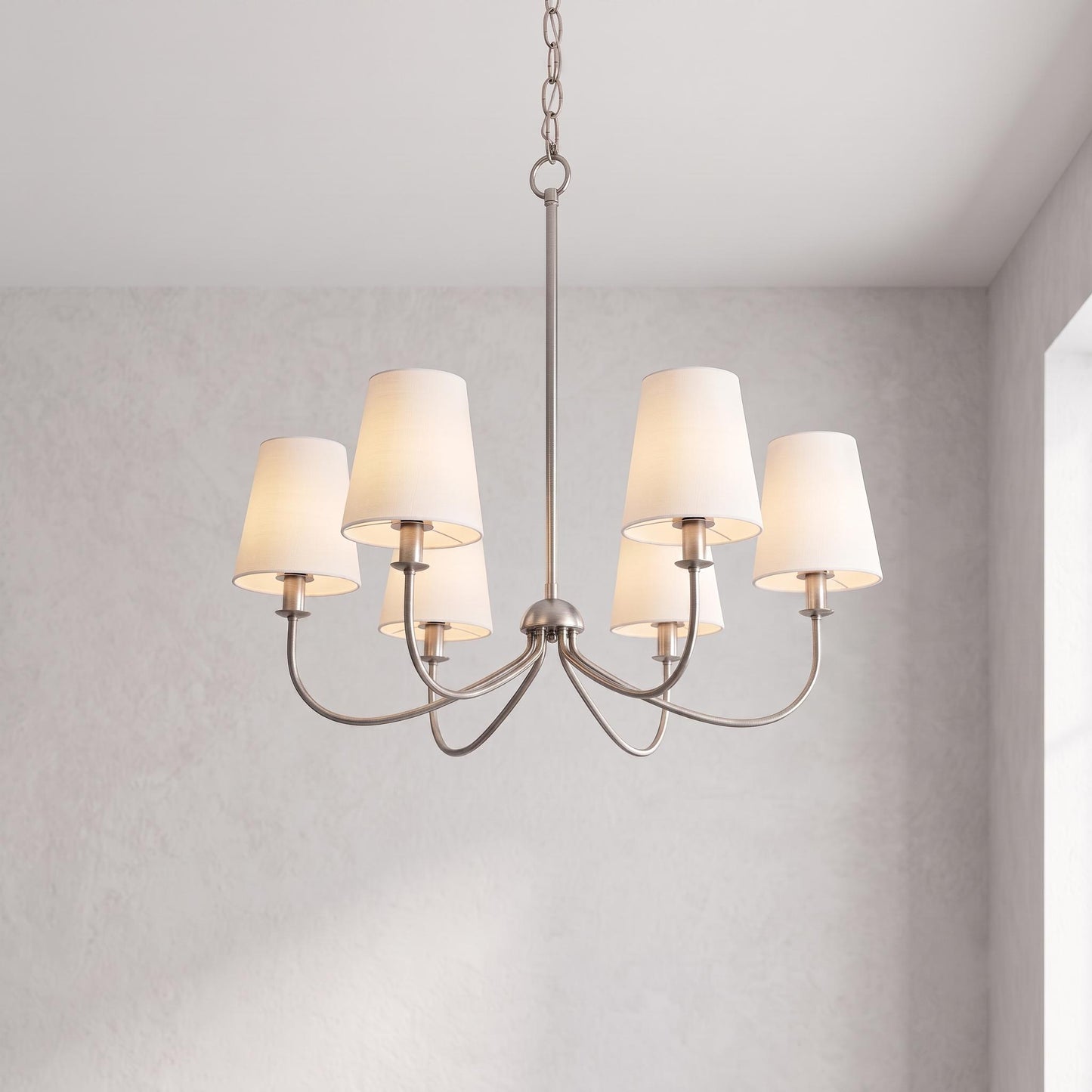 Modern Brass 6-Light Chandelier, Mid Century Pendant Light, White Fabric Shade Ceiling Light, Dining Room Kitchen Island Lighting
