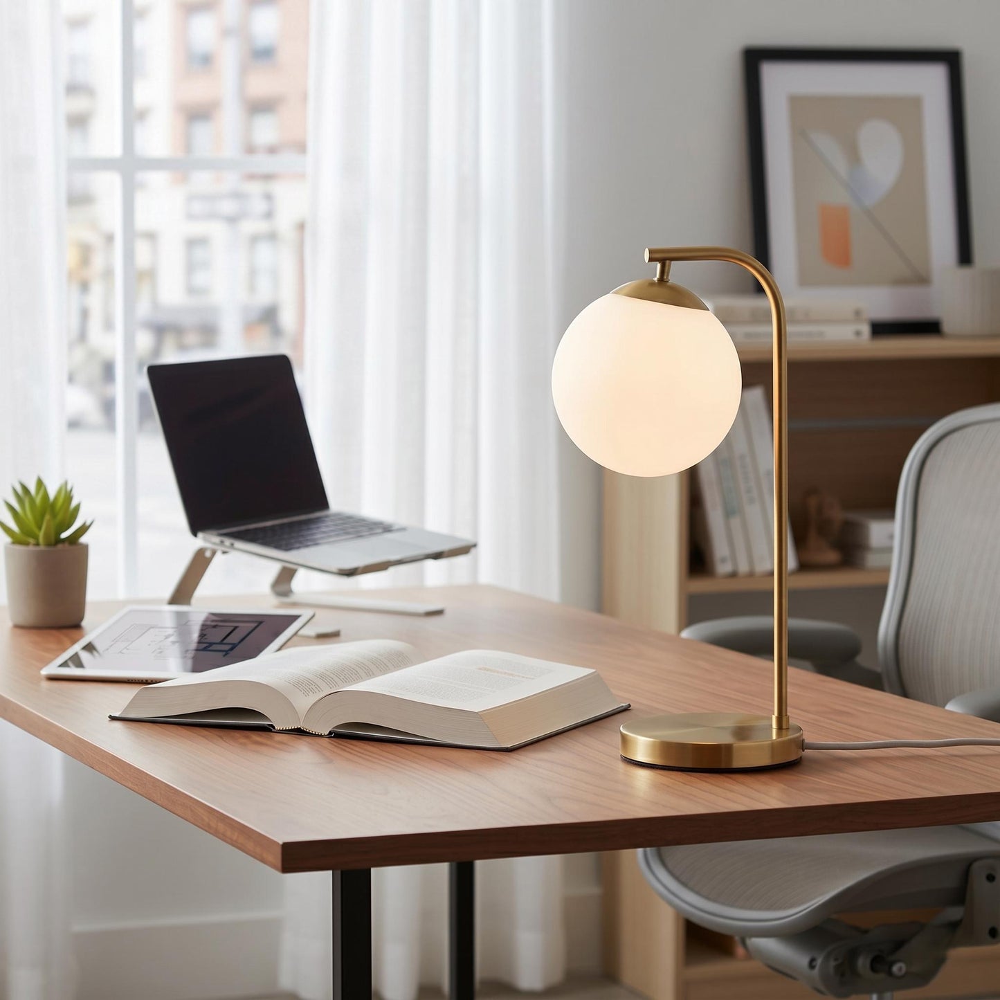 Modern Brass Globe Table Lamp – Frosted Glass Ball, Mid Century Desk Light
