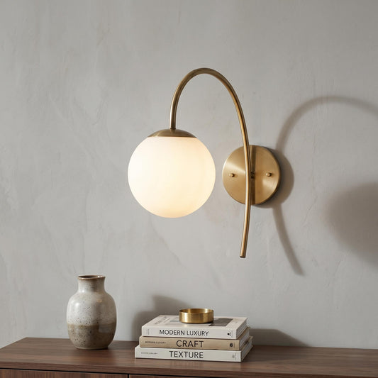 Arched Brass Wall Sconce, Opal Globe Light, Mid Century Arched Lamp, Bedside Lighting