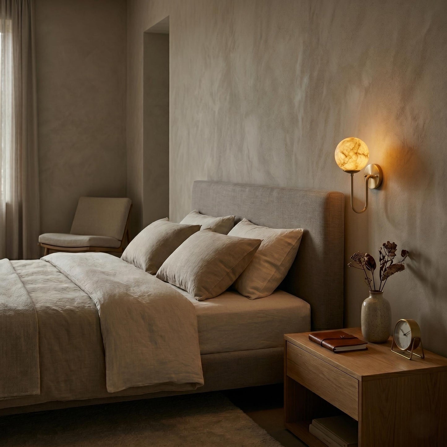 Alabaster Globe Wall Sconce, Brass Wall Lamp, Modern Bathroom Vanity Light, Natural Stone Globe Light, Luxury Bedroom Wall Fixture