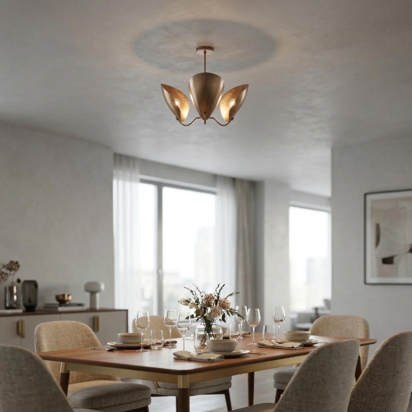 Mid Century Lily Chandelier – 3 Light Brass Petal Fixture, 32" Statement Pendant Lamp
