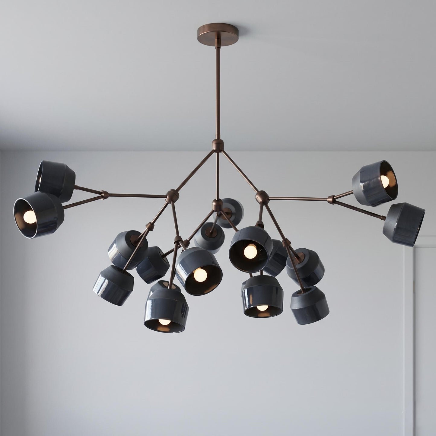 Architectural Large Branching Chandelier, Ceramic Bell Shade Pendant, Mid-Century Modern Dining Lighting