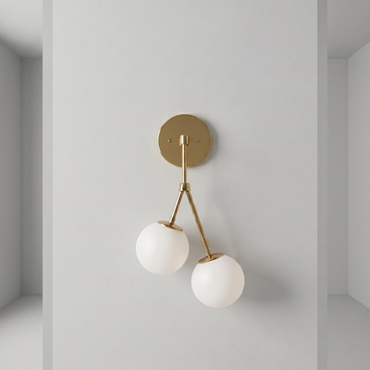 Brass Double Globe Sconce, Mid Century Frosted Glass Wall Light, 5 Inch Globe Fixture