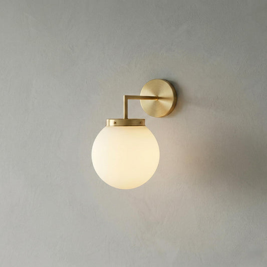 Modern Brass Wall Sconce, 6 Inch Opal Glass Globe Light, Minimalist Vanity Lamp