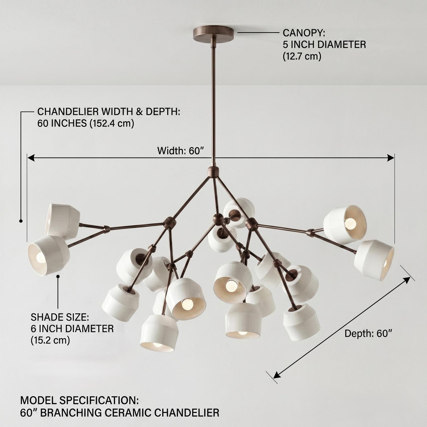 Architectural Large Branching Chandelier, Ceramic Bell Shade Pendant, Mid-Century Modern Dining Lighting