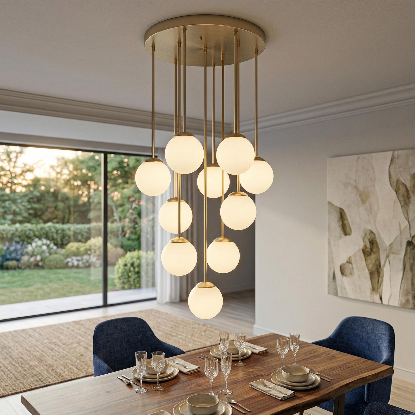 Large Brass Cluster Chandelier | Multi Globe Pendant Light, Staircase Lighting Fixture