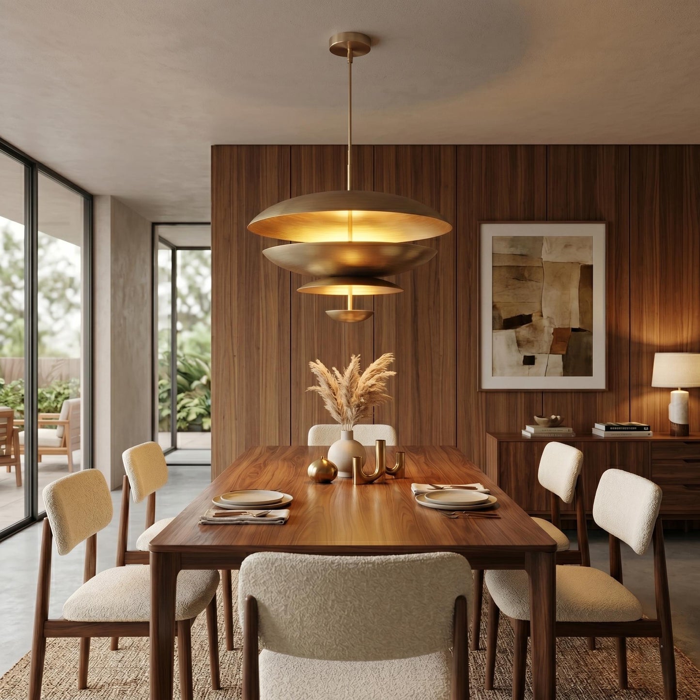 Modern Brass Tiered Chandelier, Mid Century Pendant Light, Sculptural Ceiling Fixture, Luxury Dining Room Lighting
