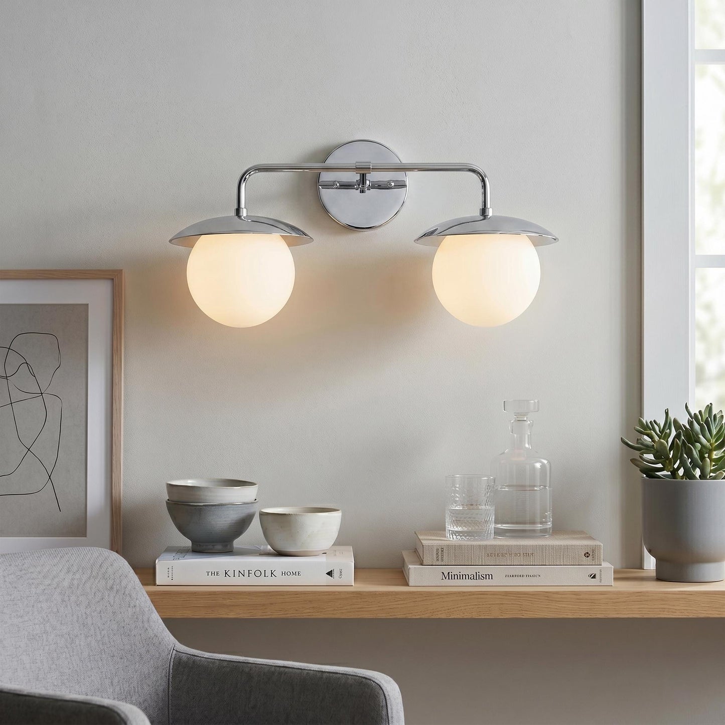 Brass Double Globe Wall Sconce – 22 Inches Mid Century Frosted Glass Lamp – Vanity Lighting