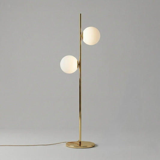 Modern Brass Double Globe Floor Lamp | Mid Century Opal Glass Standing Light