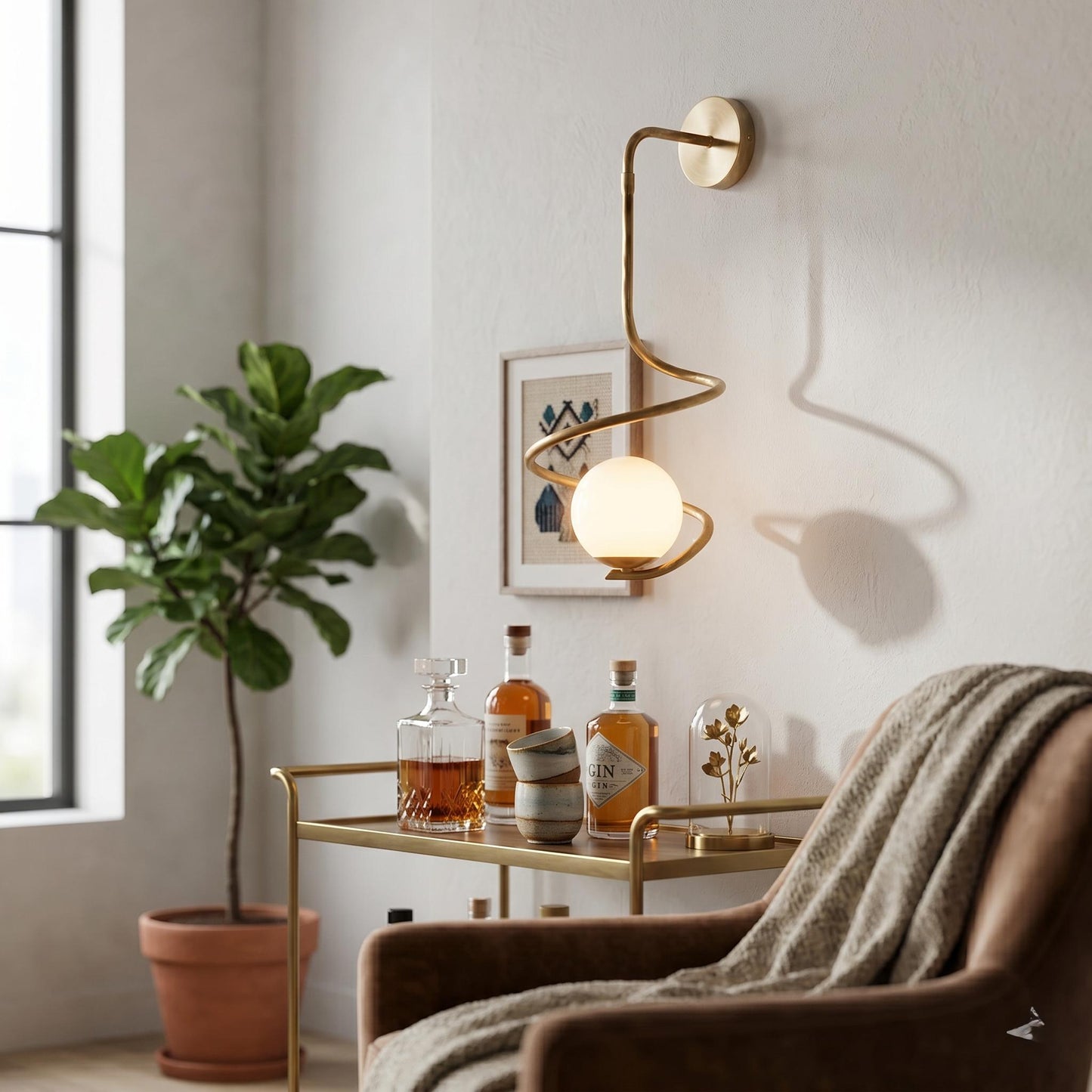Sculptural Brass Spiral Sconce – Large Modern Opal Glass Globe Lighting Fixture
