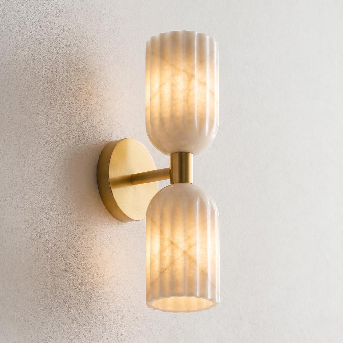 Fluted Alabaster Wall Sconce, Brass Double Light Wall Lamp, Modern Bathroom Vanity Light, Luxury Natural Stone Lighting Fixture