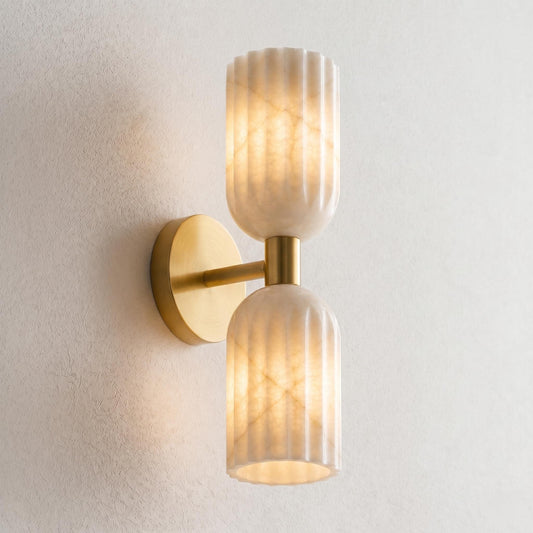 Fluted Alabaster Wall Sconce, Brass Double Light Wall Lamp, Modern Bathroom Vanity Light, Luxury Natural Stone Lighting Fixture