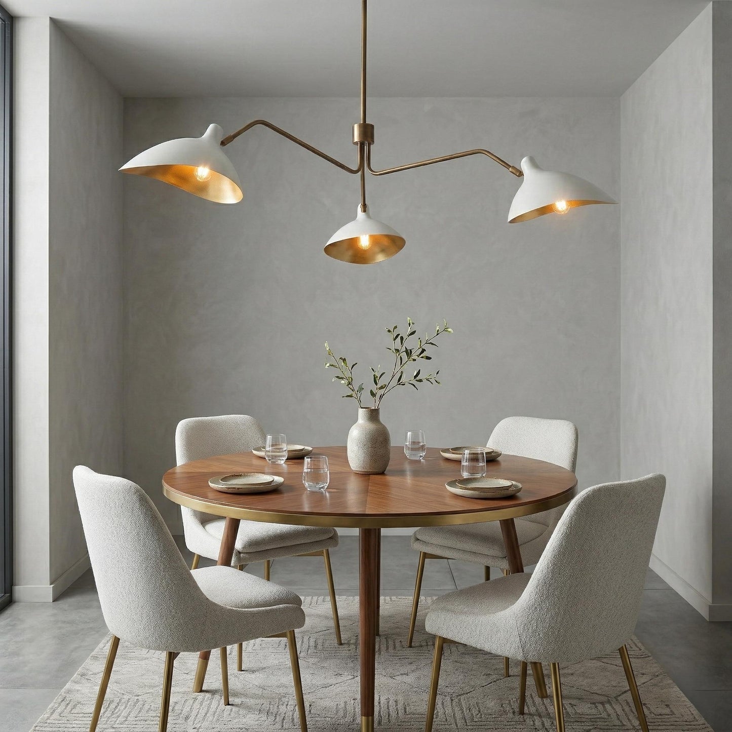 Mid Century Modern Brass 3-Arm Chandelier – Sculptural Pendant Lighting Fixture – 45" Wide Lamp