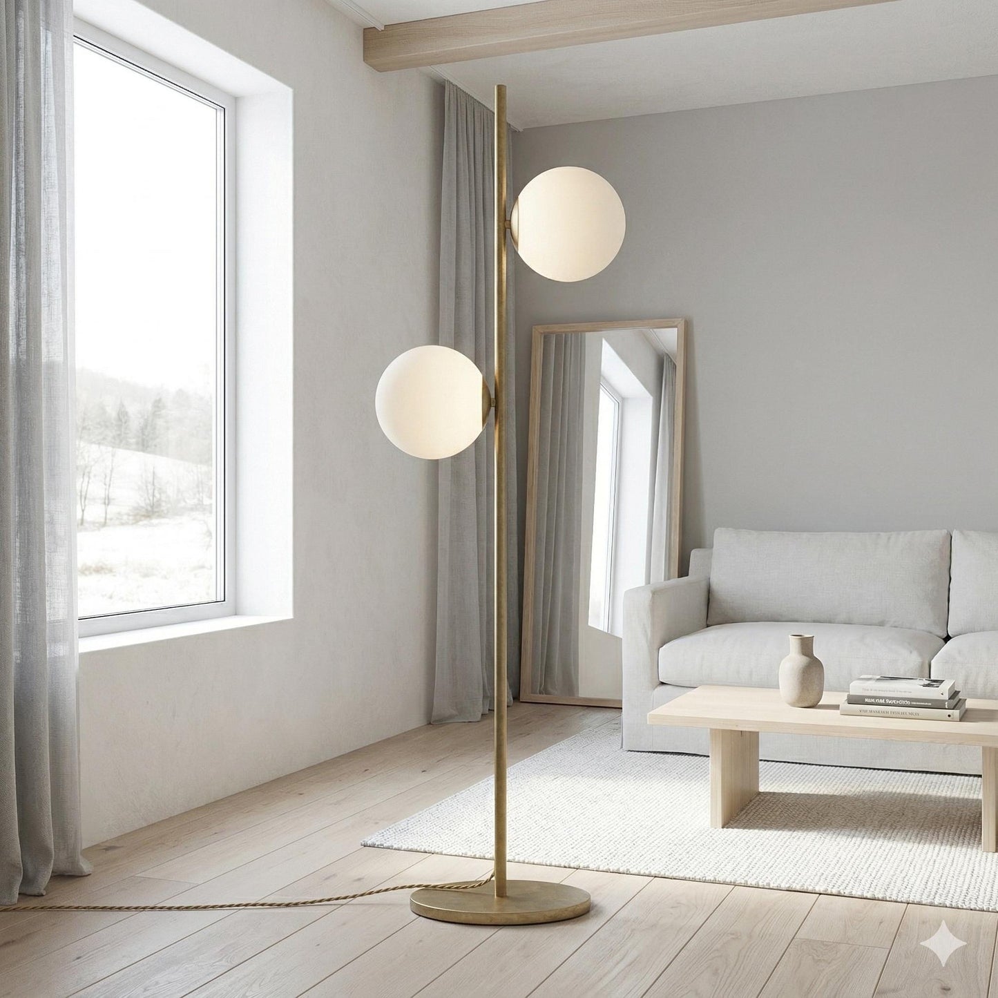 Modern Brass Double Globe Floor Lamp | Mid Century Opal Glass Standing Light