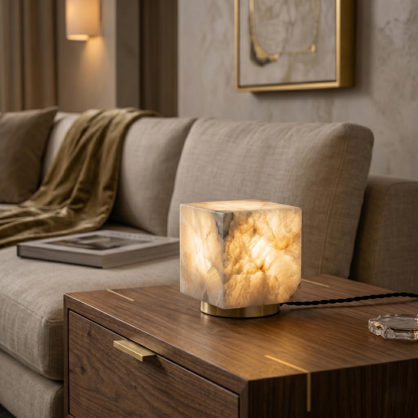Alabaster Cube Lamp, Stone Table Lamp, Modern Marble Lamp, Luxury Bedside Lamp, Natural Alabaster Accent Light, Minimal Desk Lamp