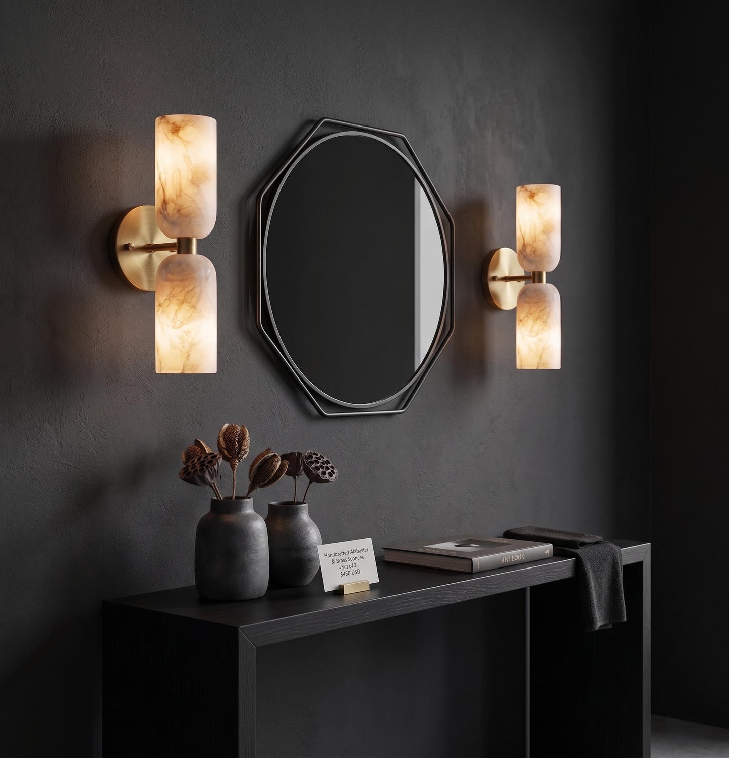 Alabaster Stone Double Cylinder Marble Sconce – Solid Brass Wall Light, Alabaster Shade Lamp