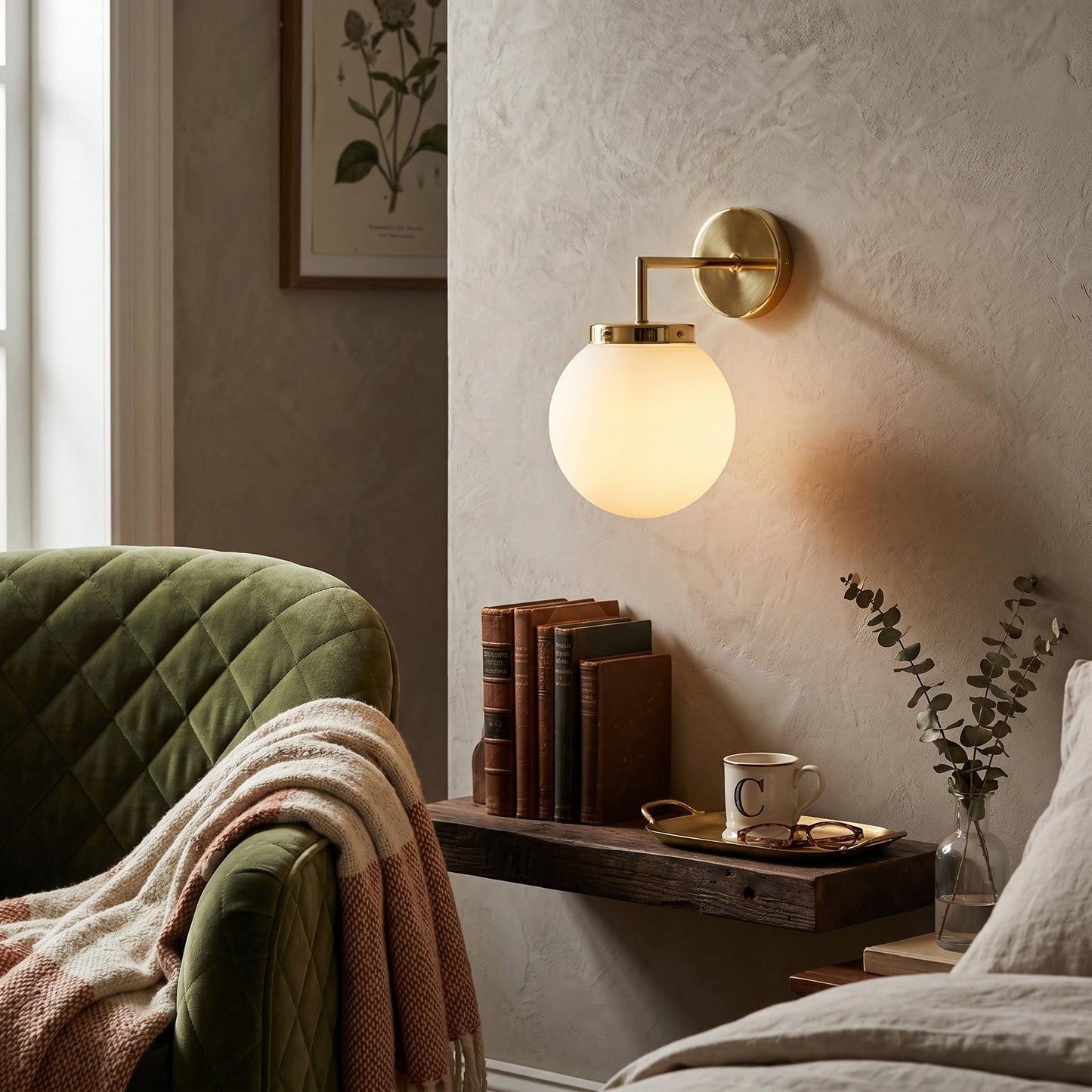 Modern Brass Wall Sconce, 6 Inch Opal Glass Globe Light, Minimalist Vanity Lamp