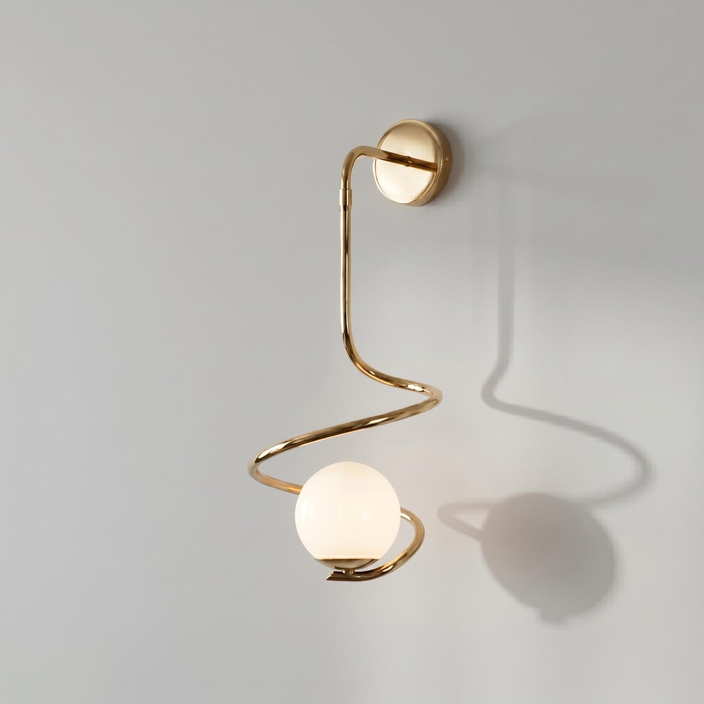 Sculptural Brass Spiral Sconce – Large Modern Opal Glass Globe Lighting Fixture