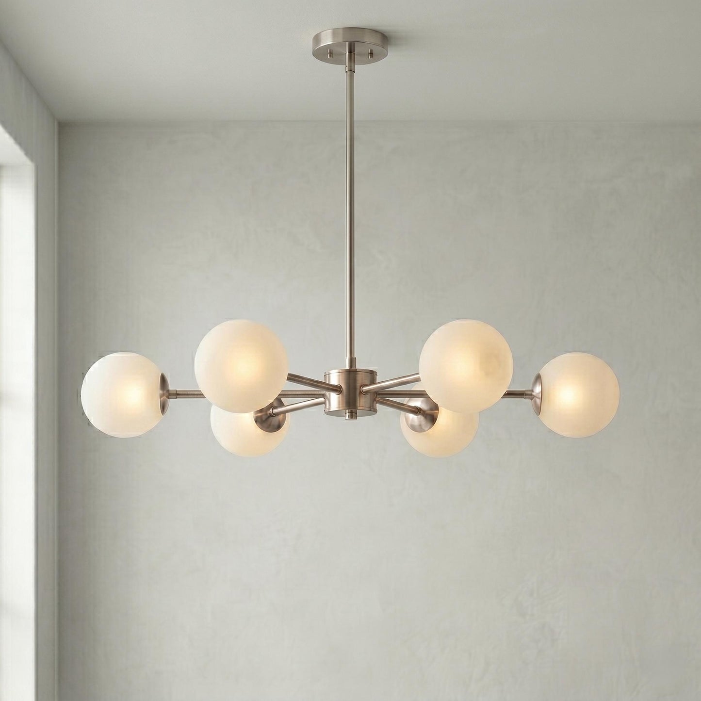 6 Light Globe Chandelier, Modern Brass Chandelier, Mid Century Ceiling Light, Frosted Globe Pendant, Dining Room Lighting