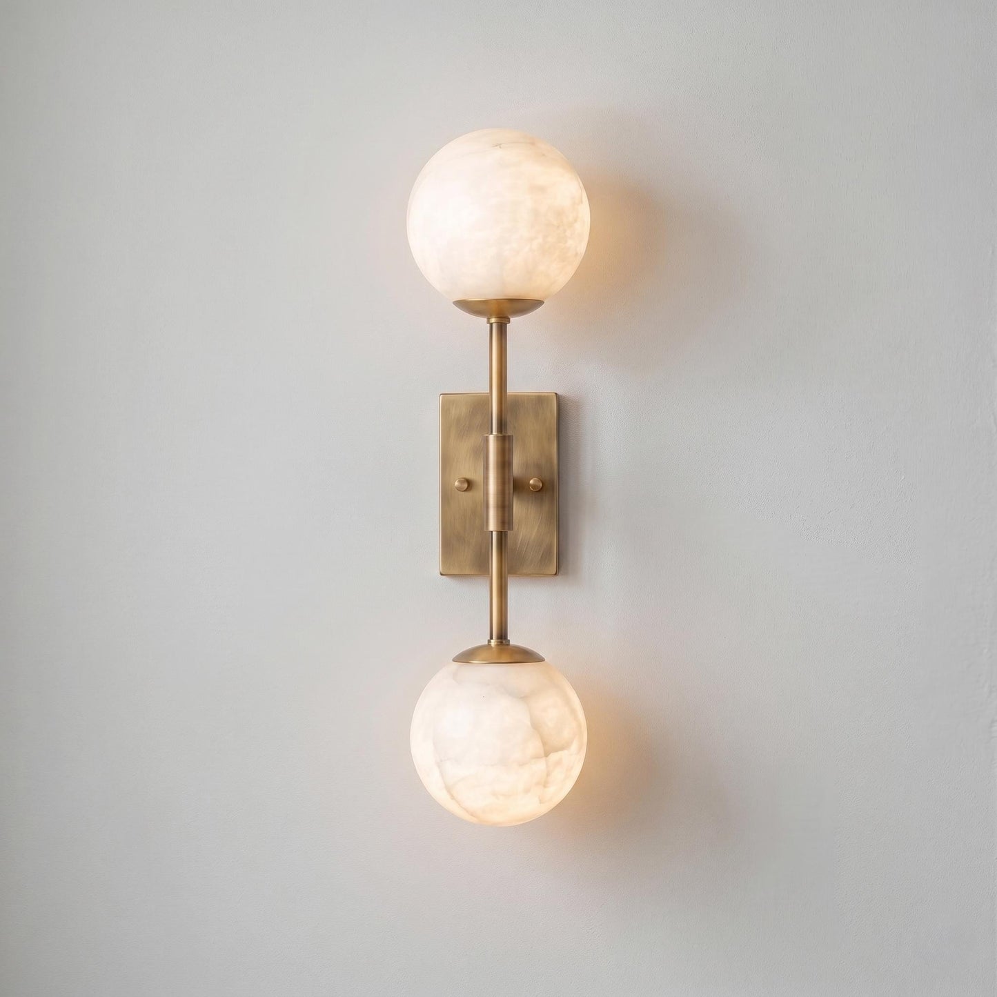 Alabaster Globe Wall Sconce, Double Brass Wall Light, Luxury Bathroom Vanity Light, Modern Stone Wall Fixture