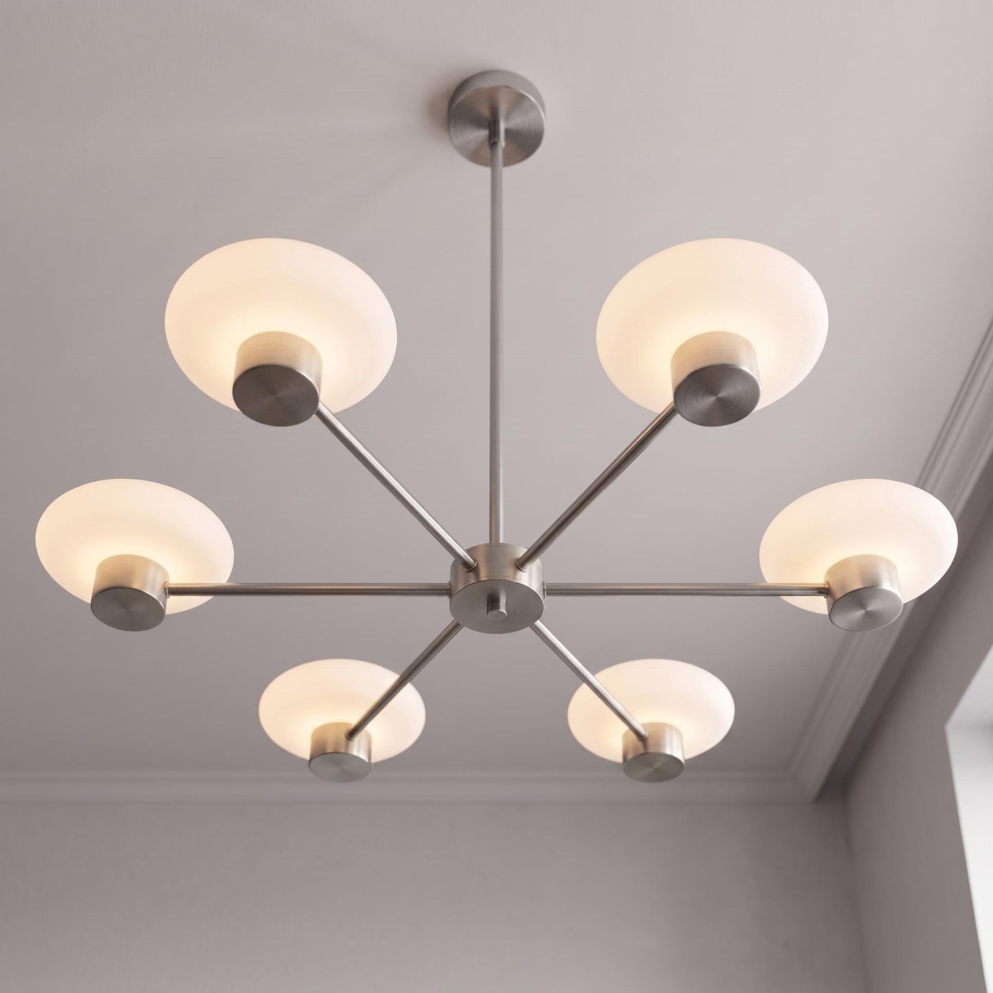 Modern Brass Sputnik Chandelier, 6 Light Opal Glass Ceiling Light, Mid Century Pendant, Dining Room Kitchen Island Lighting
