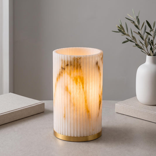 Modern Alabaster Table Lamp, Marble Effect Bedside Lamp, Ribbed Stone Accent Light, Brass Base, Minimal Home Decor