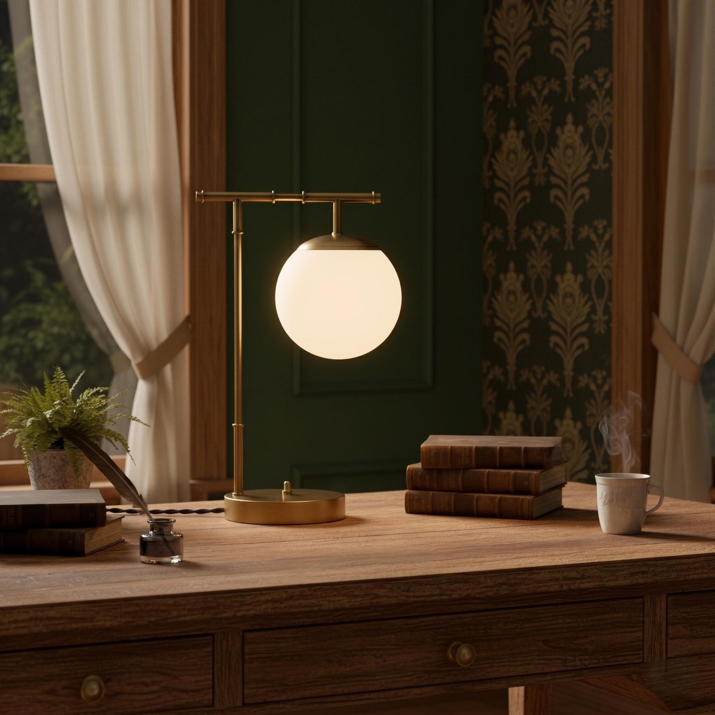 Modern Brass Globe Table Lamp – Frosted Glass Ball, Mid Century Desk Light