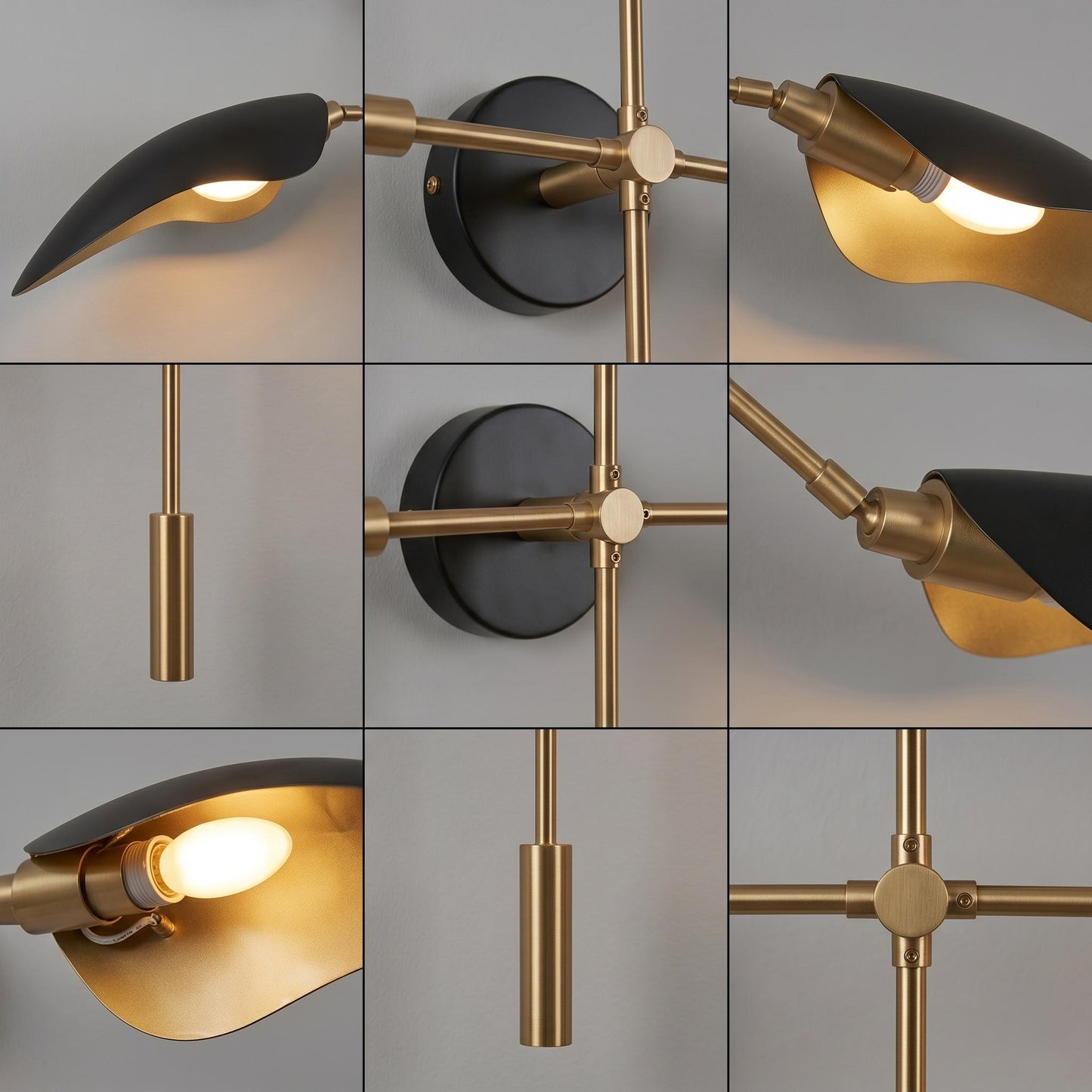 Luxury Brass Wall Sconce – 38 inches Sculptural Light, Black Metal Shades, Mid Century Fixture