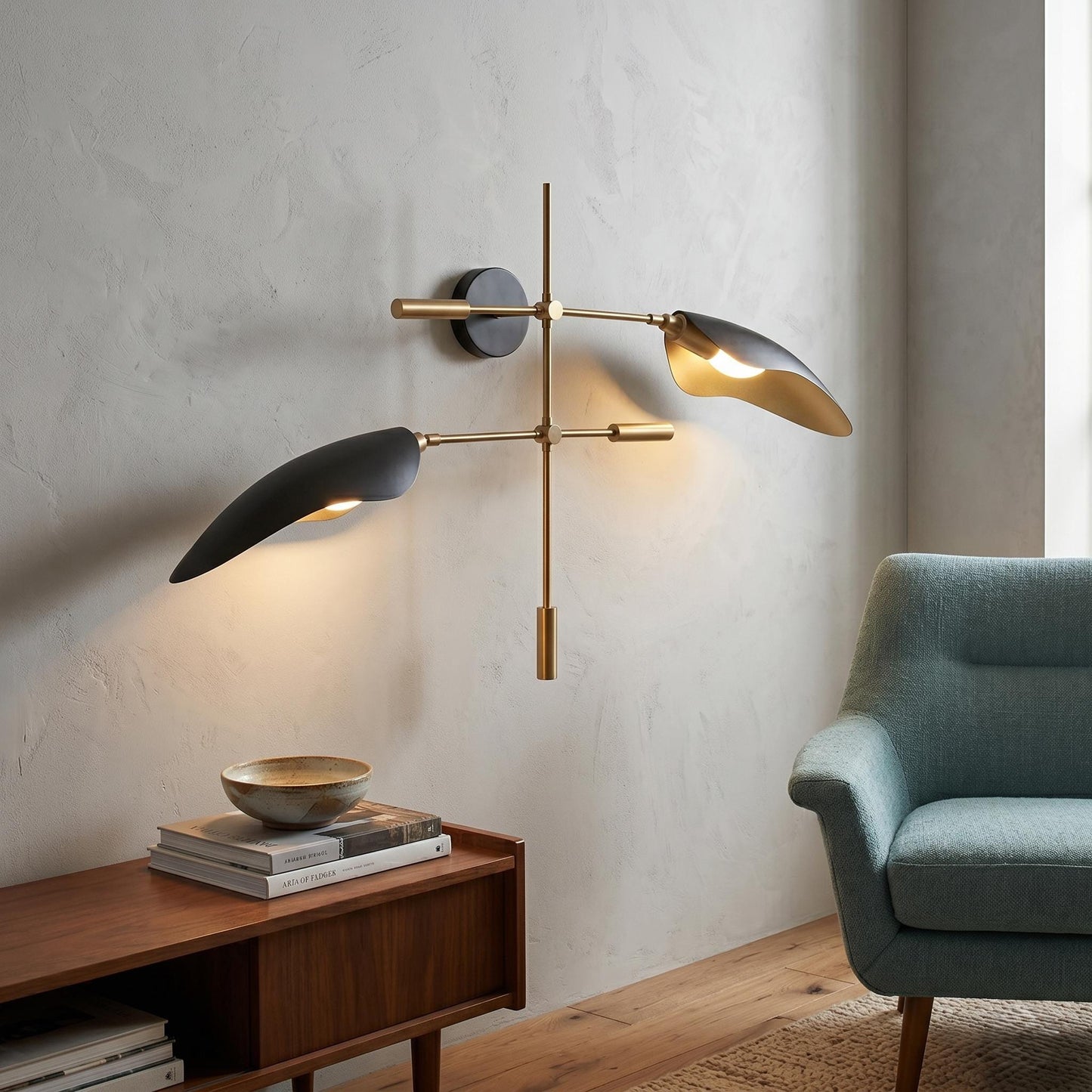 Luxury Brass Wall Sconce – 38 inches Sculptural Light, Black Metal Shades, Mid Century Fixture