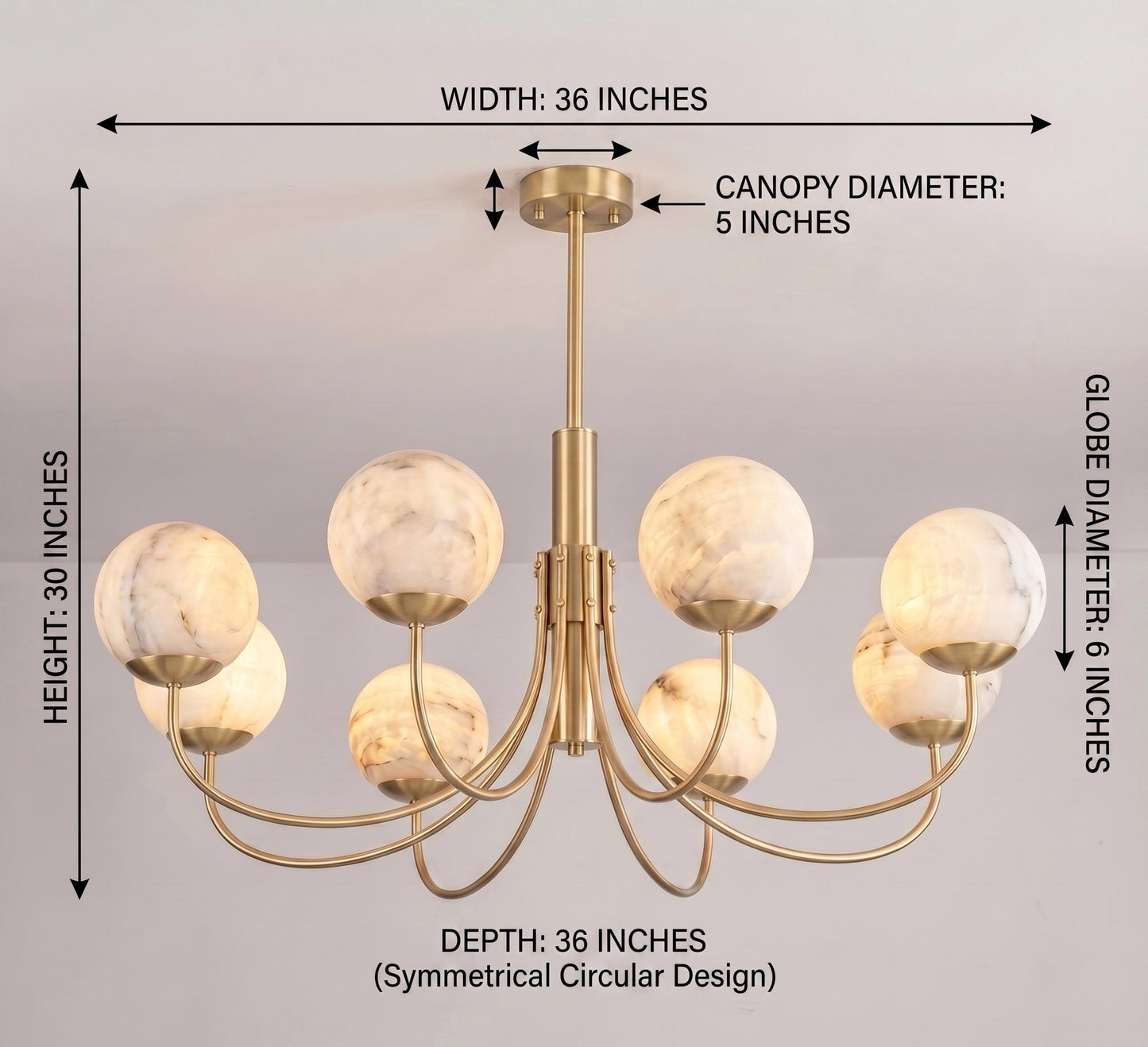 Natural Alabaster Globe Chandelier | 8 Light Brass Chandelier | Custom Finish Ceiling Light | Luxury Dining Room Lighting