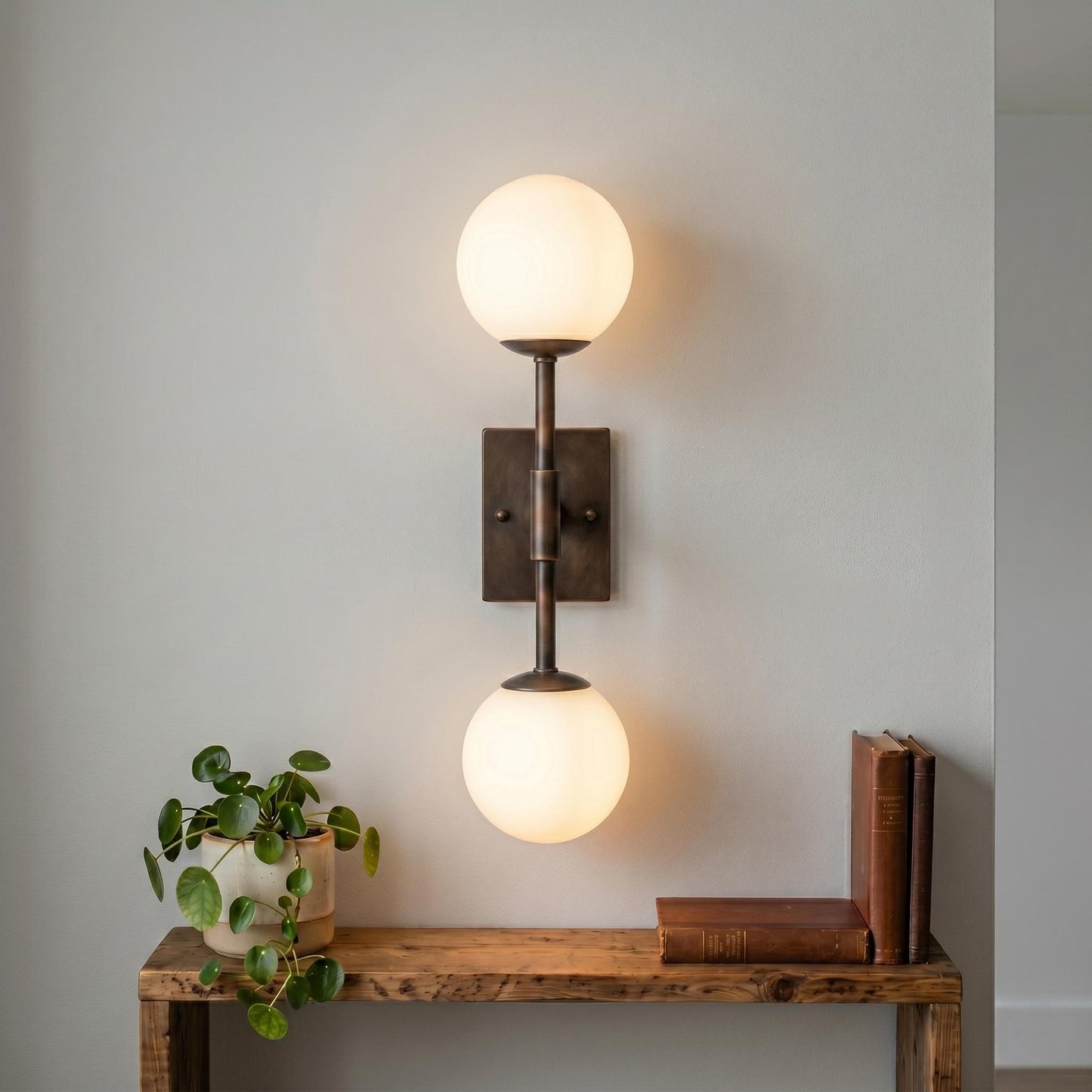 Minimal Brass Double Globe Sconce, Vertical Mid Century Wall Lamp, Luxury Lighting
